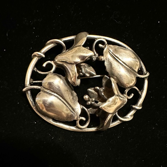 Art Nouveau Sterling Silver Floral Pin Brooch